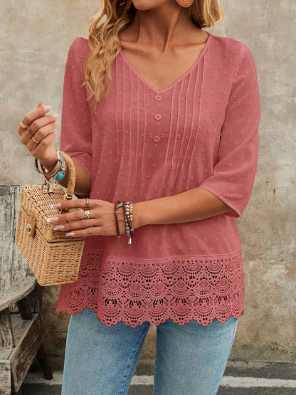 Swiss Dots Lace V Neck 3/4 Sleeves Pleated Blouse
