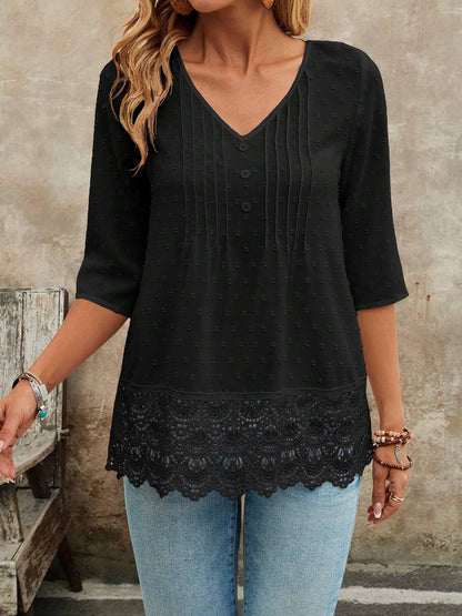 Swiss Dots Lace V Neck 3/4 Sleeves Pleated Blouse