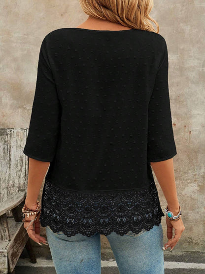 Swiss Dots Lace V Neck 3/4 Sleeves Pleated Blouse