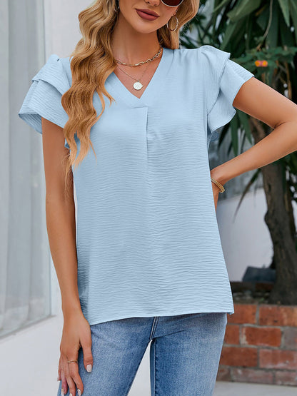 V Neck Chiffon Ruffled Short Sleeve Blouse