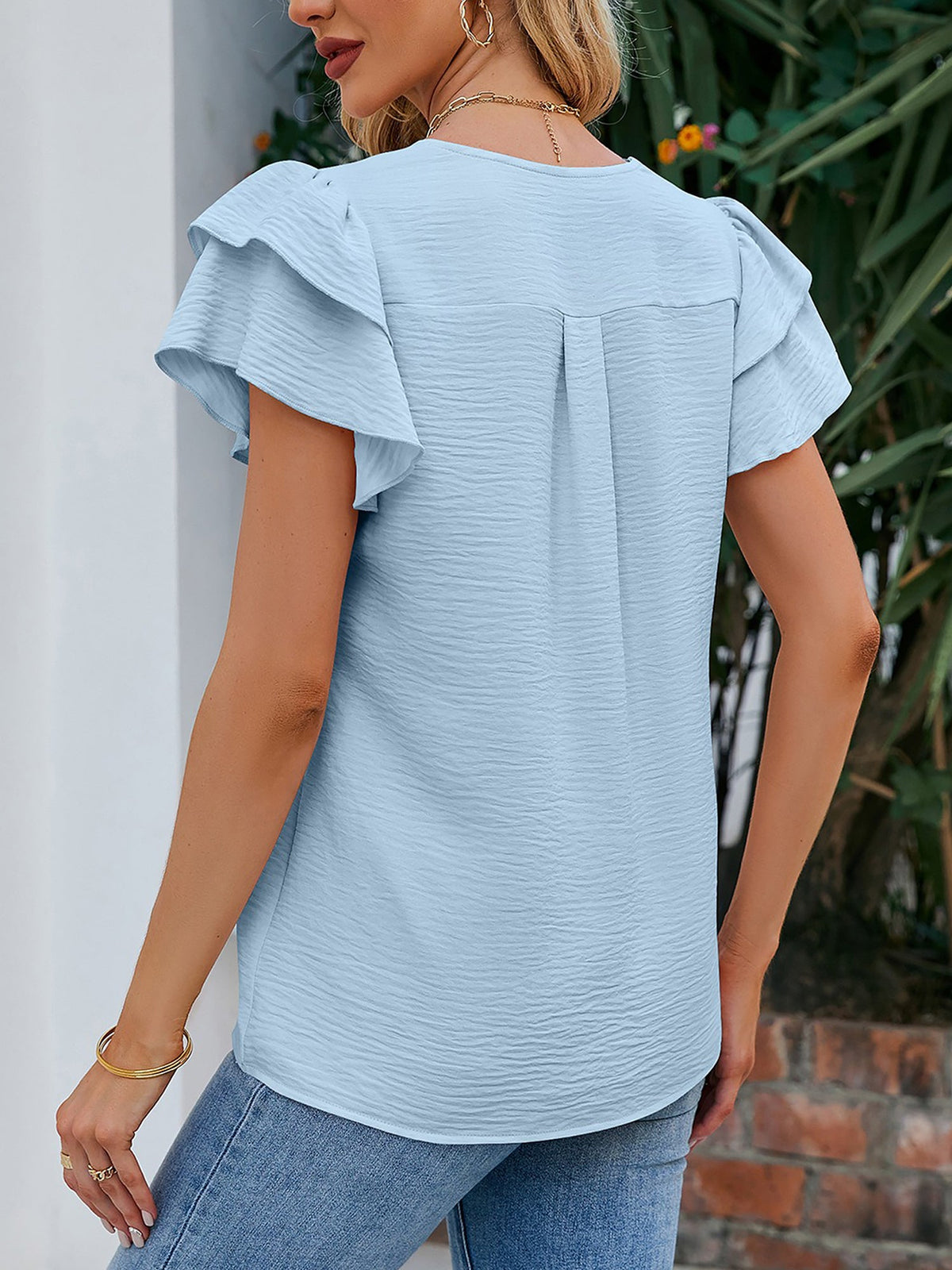 V Neck Chiffon Ruffled Short Sleeve Blouse