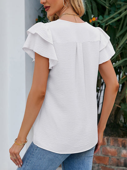 V Neck Chiffon Ruffled Short Sleeve Blouse