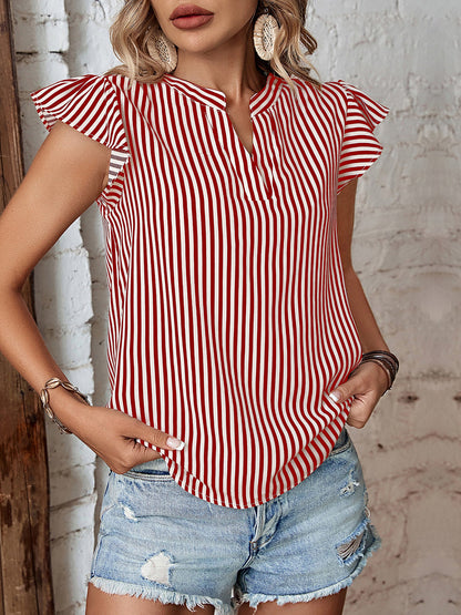 Striped Notch Neck Ruffled Cap Sleeves Blouse