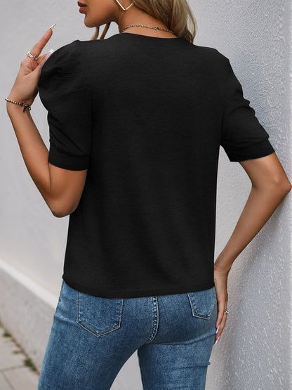 Solid Color Round Neck Ruched Puff Sleeve Blouse