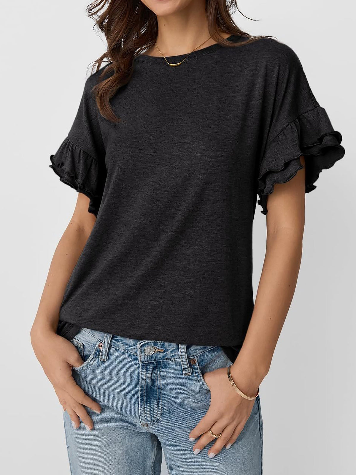 Solid Color Round Neck Ruffled Sleeve Blouse