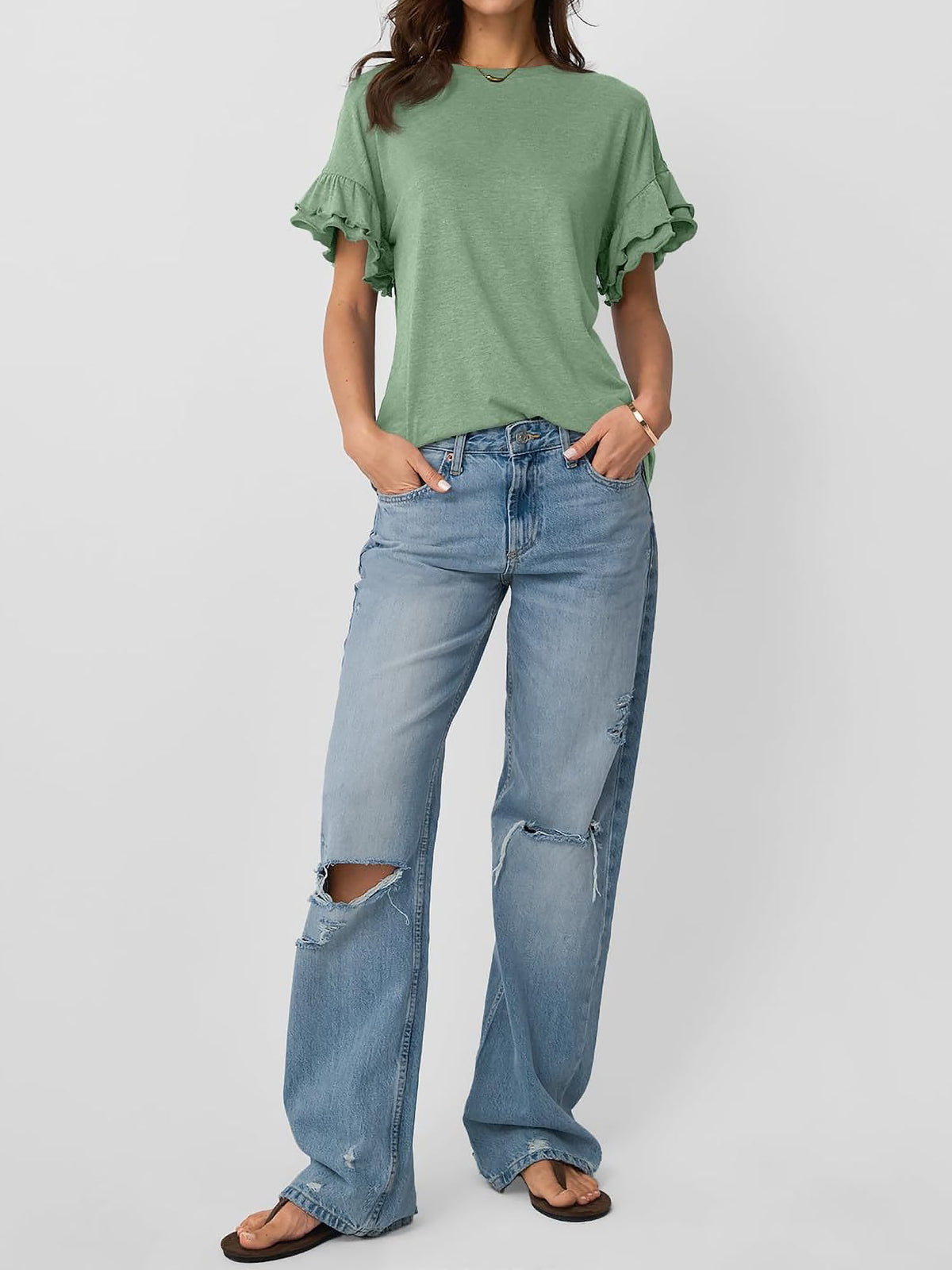 Solid Color Round Neck Ruffled Sleeve Blouse