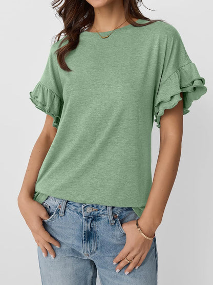Solid Color Round Neck Ruffled Sleeve Blouse