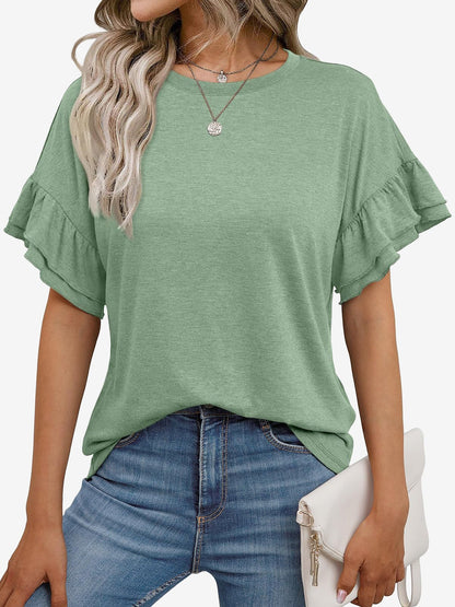 Solid Color Round Neck Ruffled Sleeve Blouse