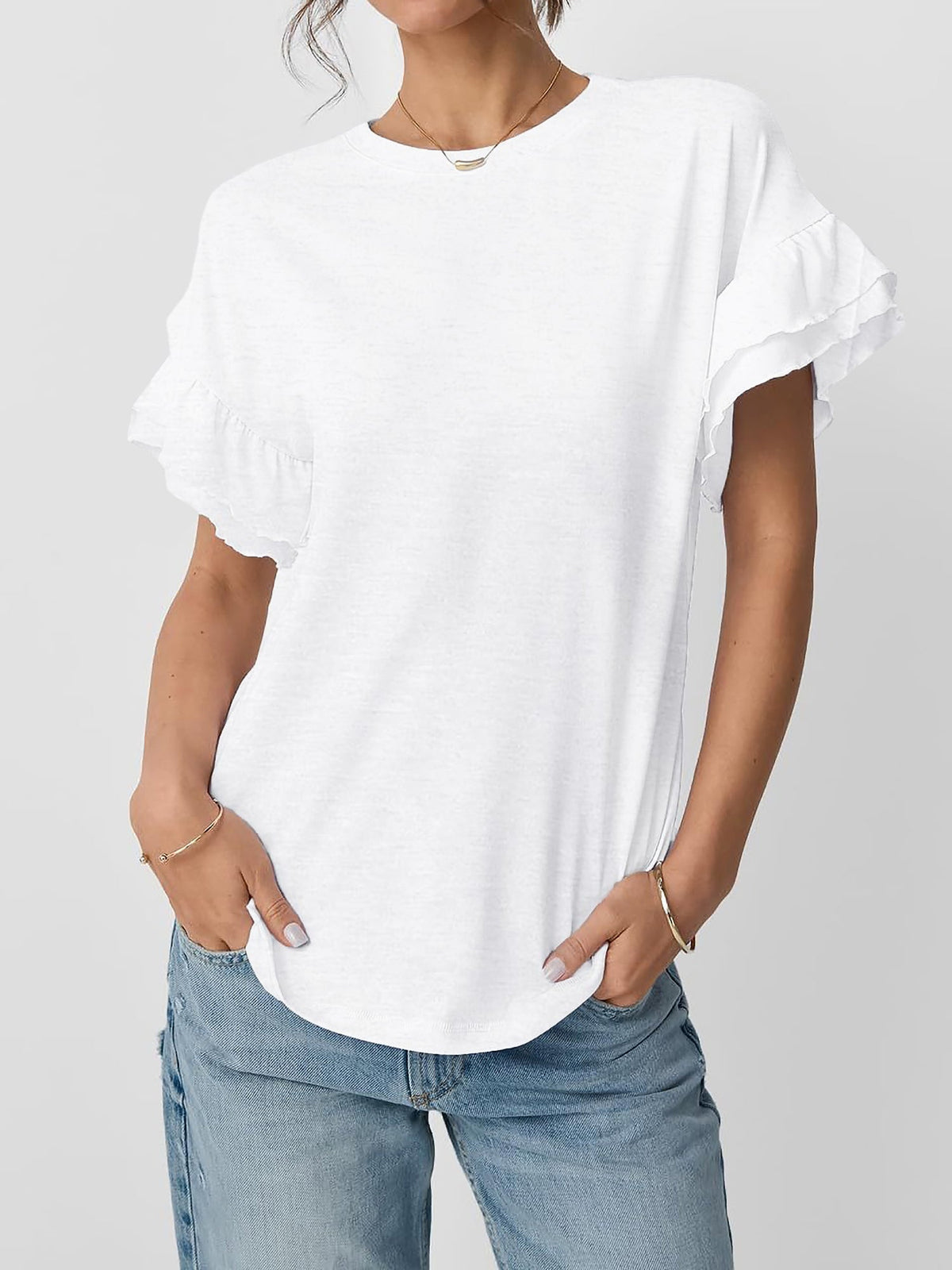 Solid Color Round Neck Ruffled Sleeve Blouse