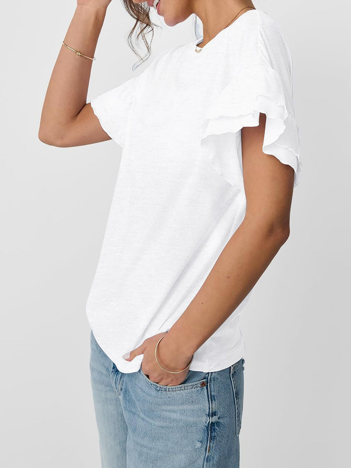 Solid Color Round Neck Ruffled Sleeve Blouse