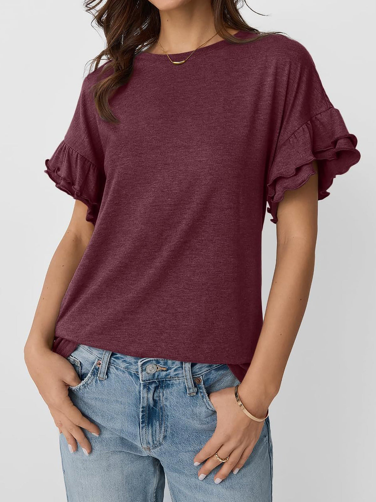 Solid Color Round Neck Ruffled Sleeve Blouse