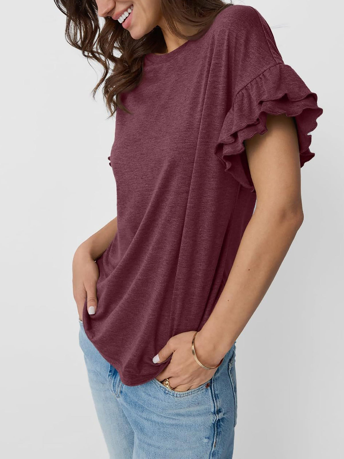 Solid Color Round Neck Ruffled Sleeve Blouse