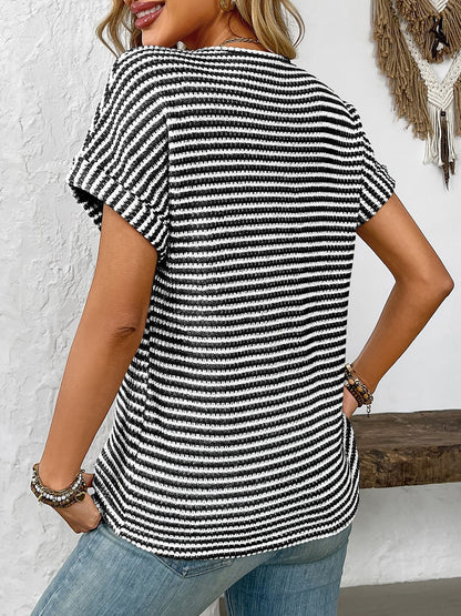 Striped Notch Neck Short Sleeves Casual Blouse