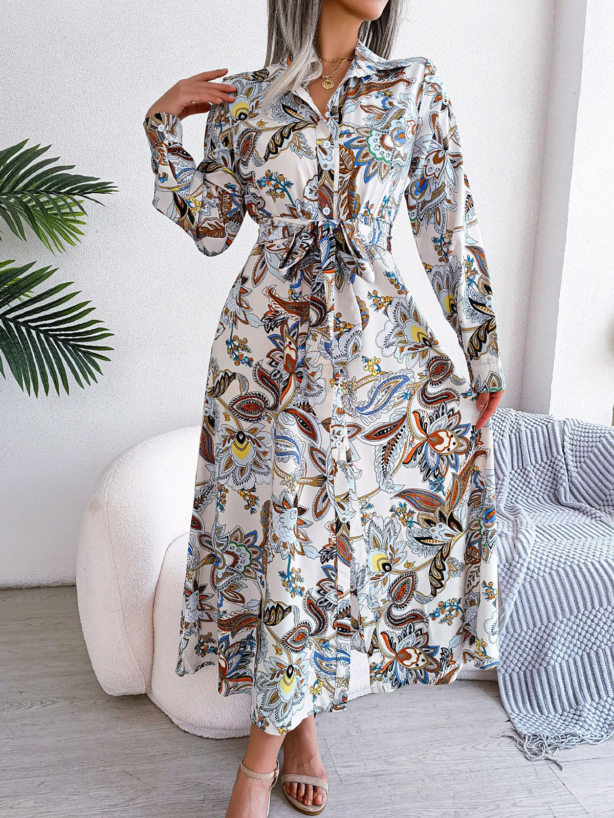 Lapel Boho Paisley Long Sleeves Tie Waist Midi Dress