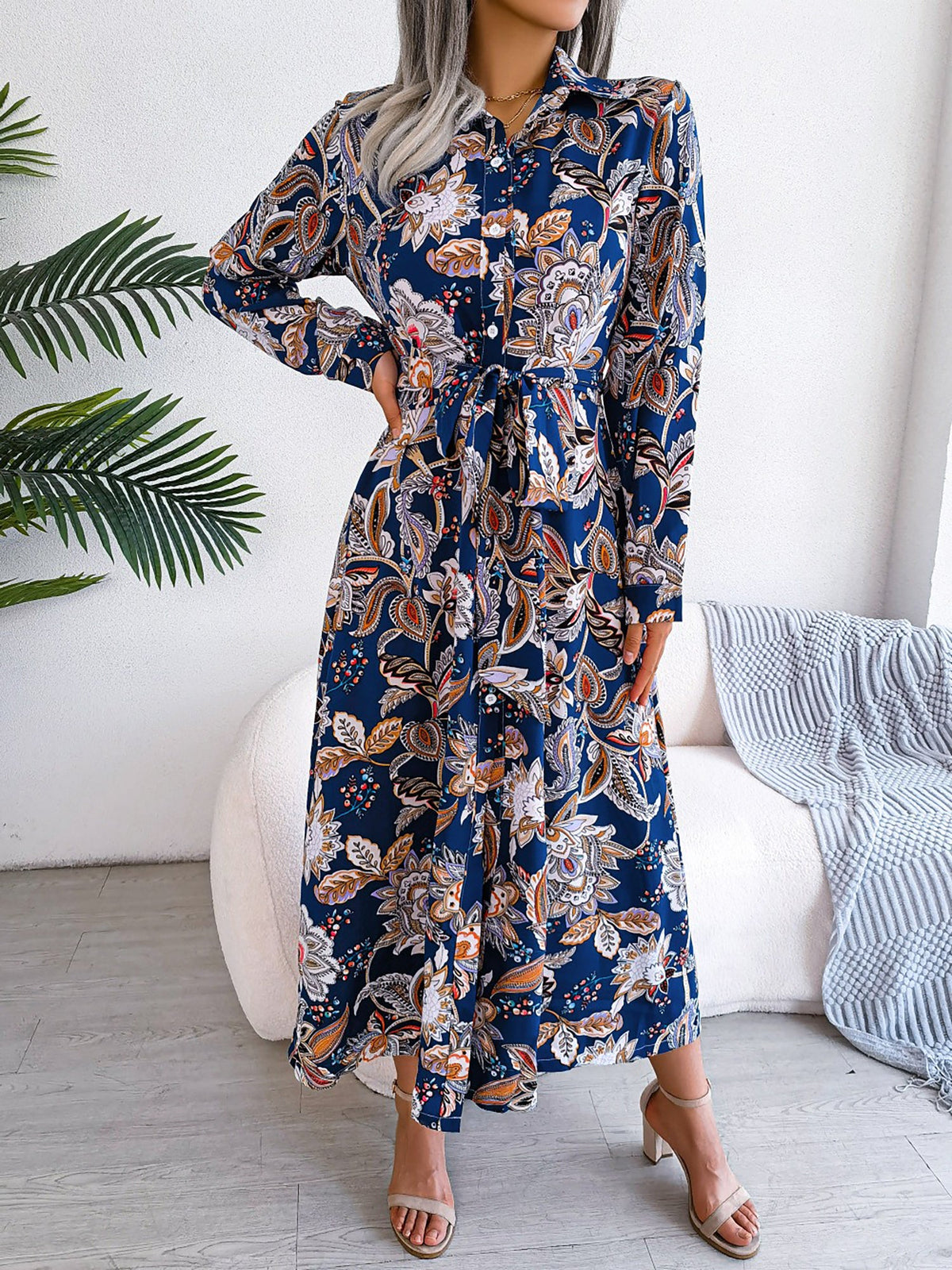 Lapel Boho Paisley Long Sleeves Tie Waist Midi Dress