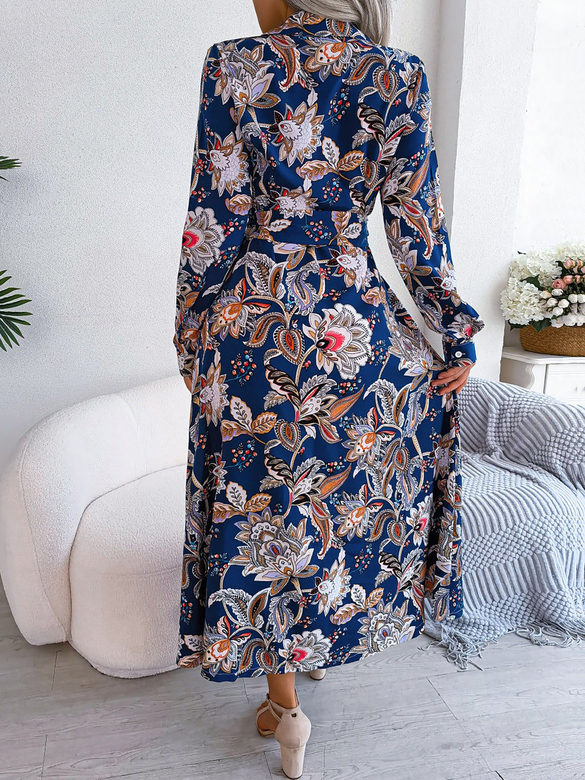Lapel Boho Paisley Long Sleeves Tie Waist Midi Dress