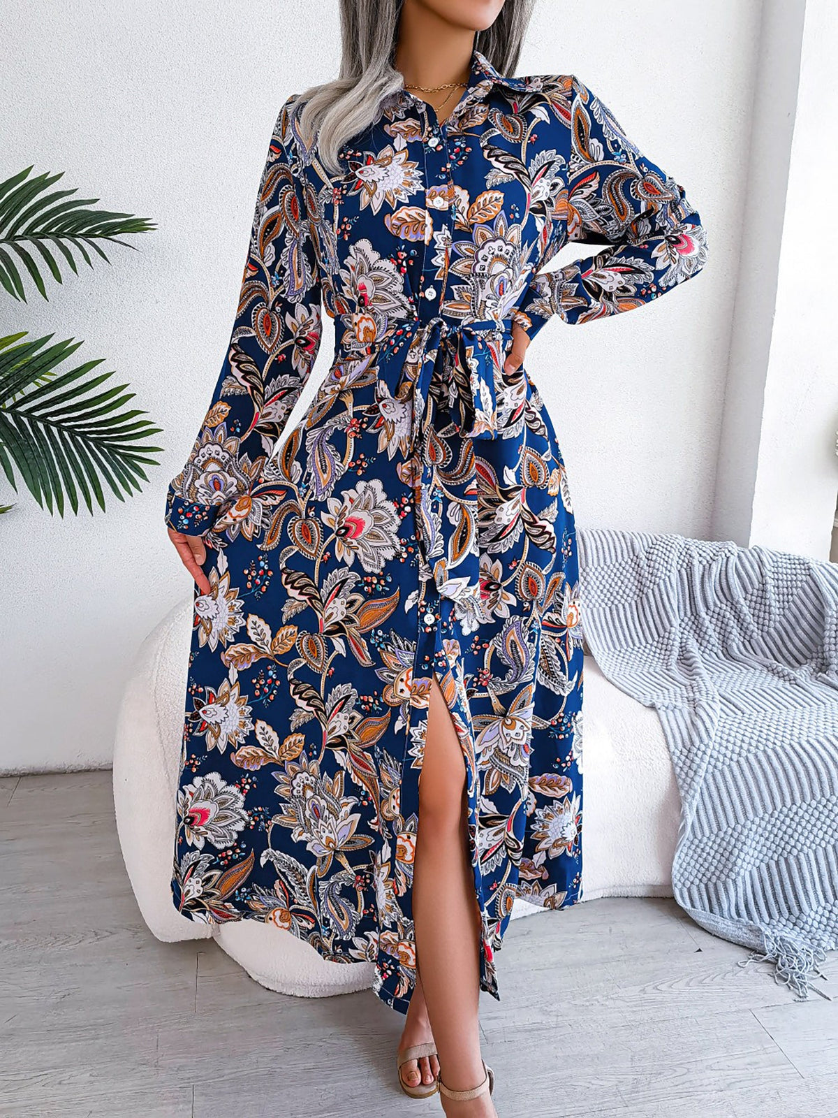 Lapel Boho Paisley Long Sleeves Tie Waist Midi Dress