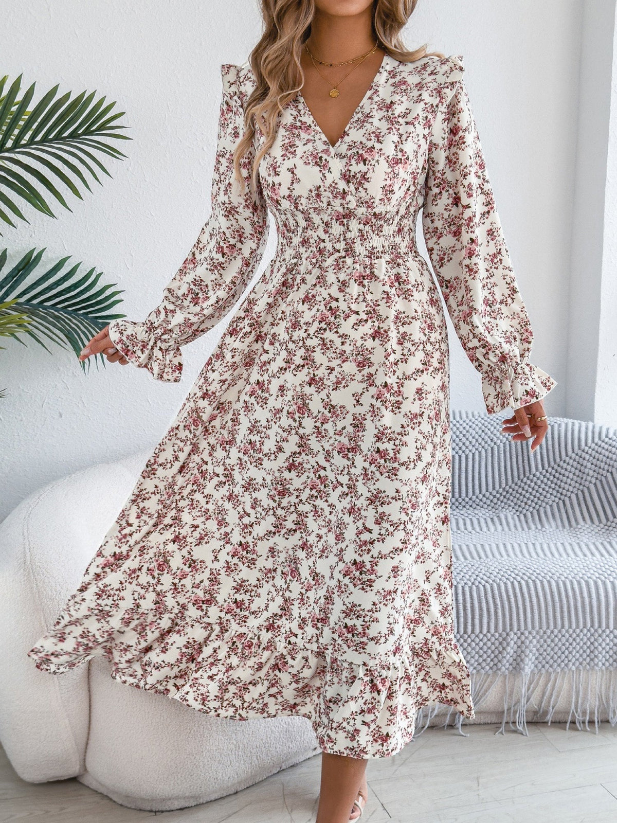 Floral Ruffle Long Sleeves Smocked Waist Midi Dress