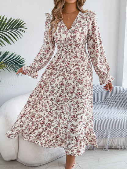 Floral Ruffle Long Sleeves Smocked Waist Midi Dress