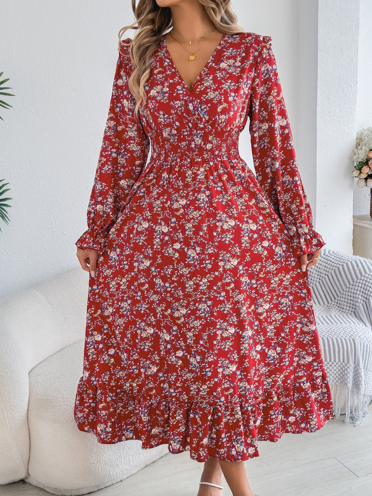 Floral Ruffle Long Sleeves Smocked Waist Midi Dress