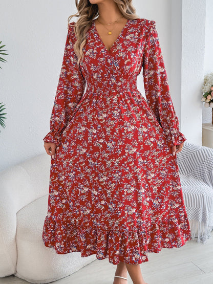 Floral Ruffle Long Sleeves Smocked Waist Midi Dress