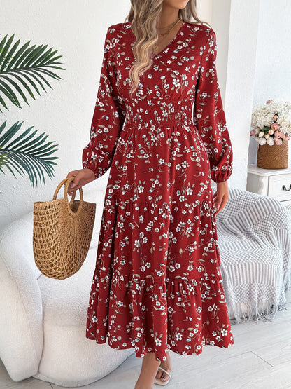 Floral V Neck Long Sleeve Smocked Tiered Midi Dress