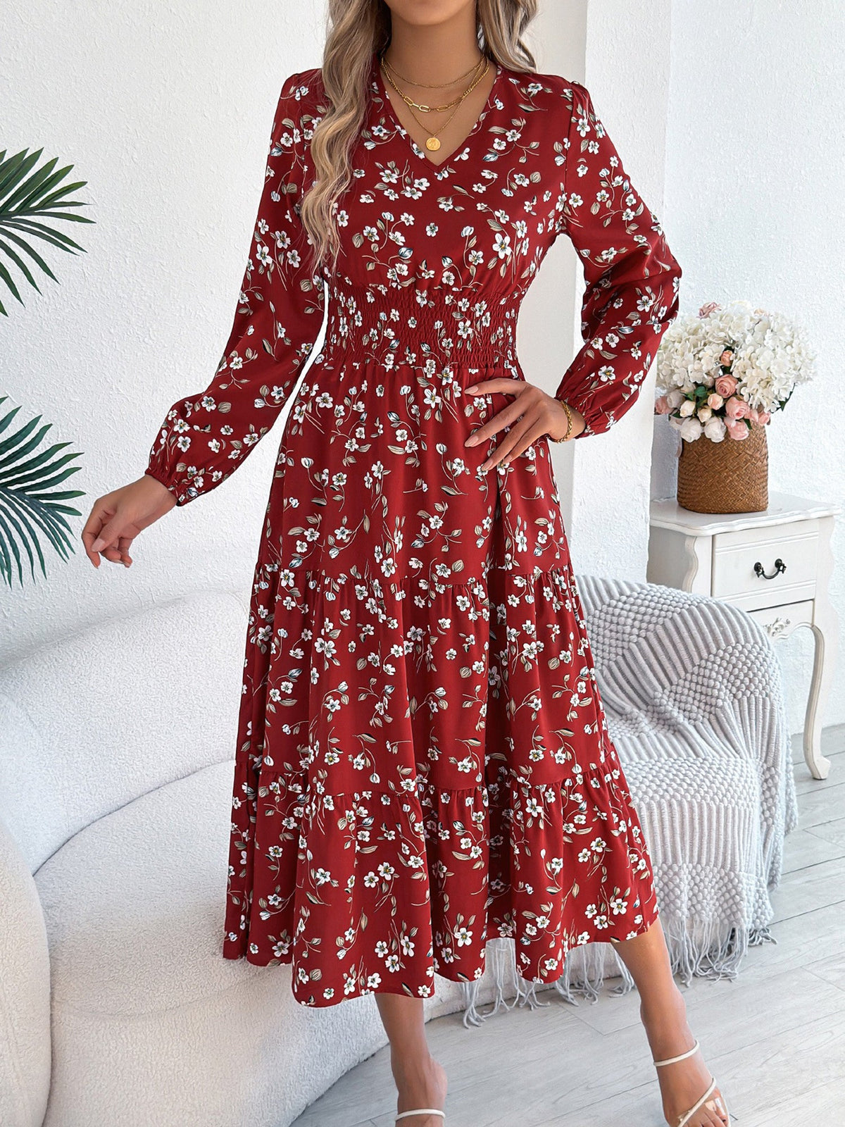 Floral V Neck Long Sleeve Smocked Tiered Midi Dress