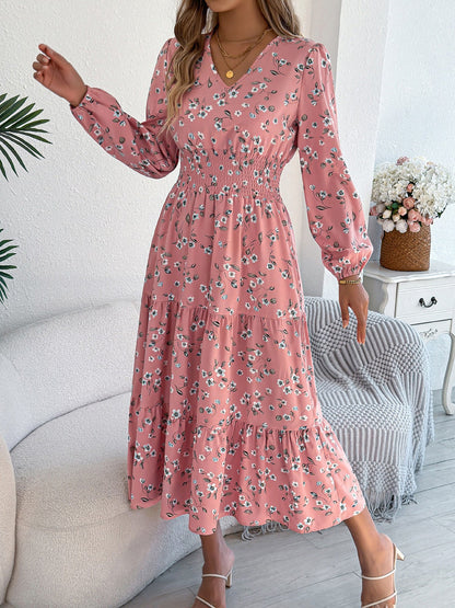 Floral V Neck Long Sleeve Smocked Tiered Midi Dress