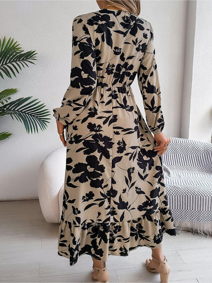 Casual Floral V Neck Long Sleeve Midi Dress