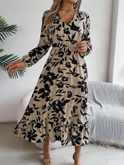 Casual Floral V Neck Long Sleeve Midi Dress