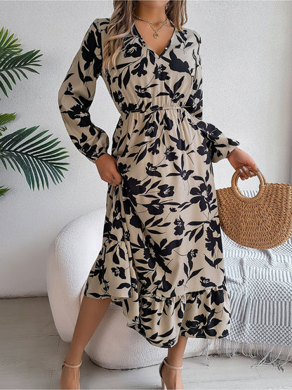 Casual Floral V Neck Long Sleeve Midi Dress