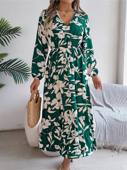 Casual Floral V Neck Long Sleeve Midi Dress