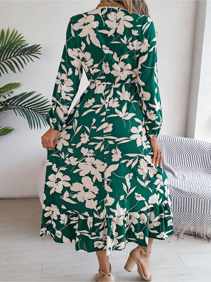 Casual Floral V Neck Long Sleeve Midi Dress