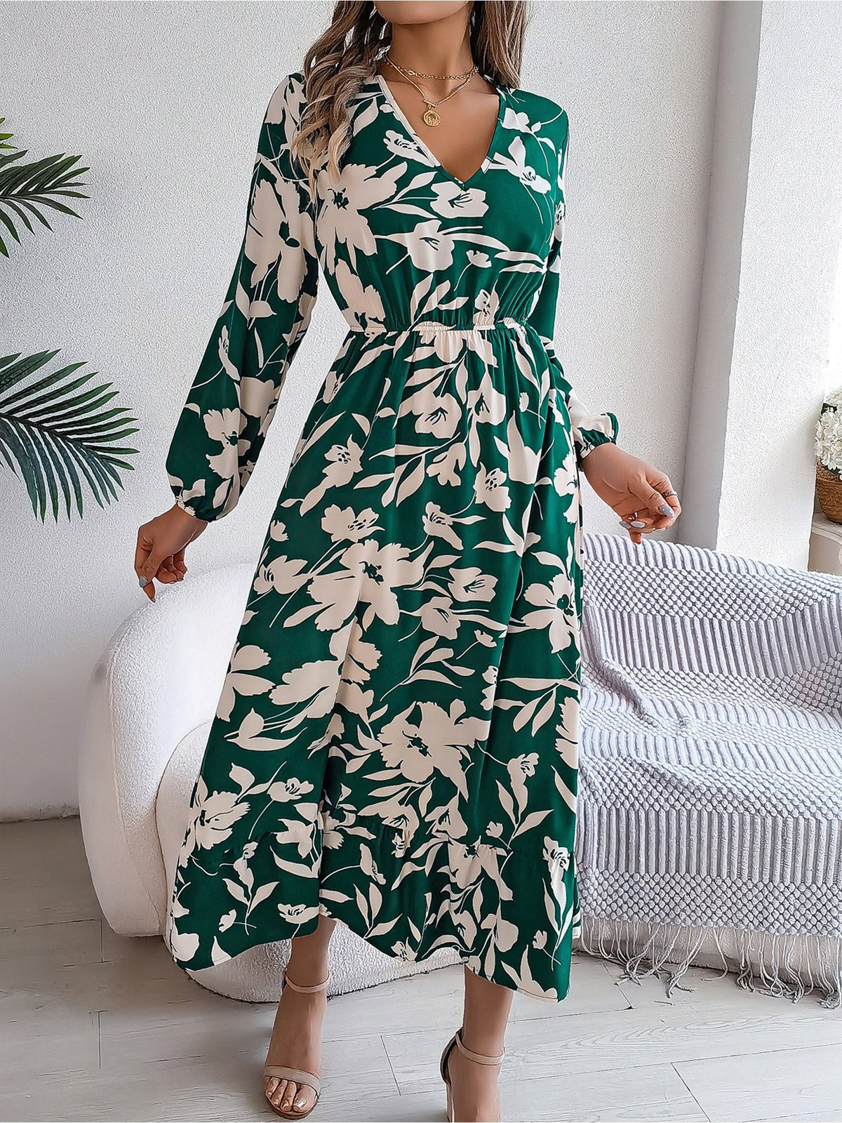 Casual Floral V Neck Long Sleeve Midi Dress