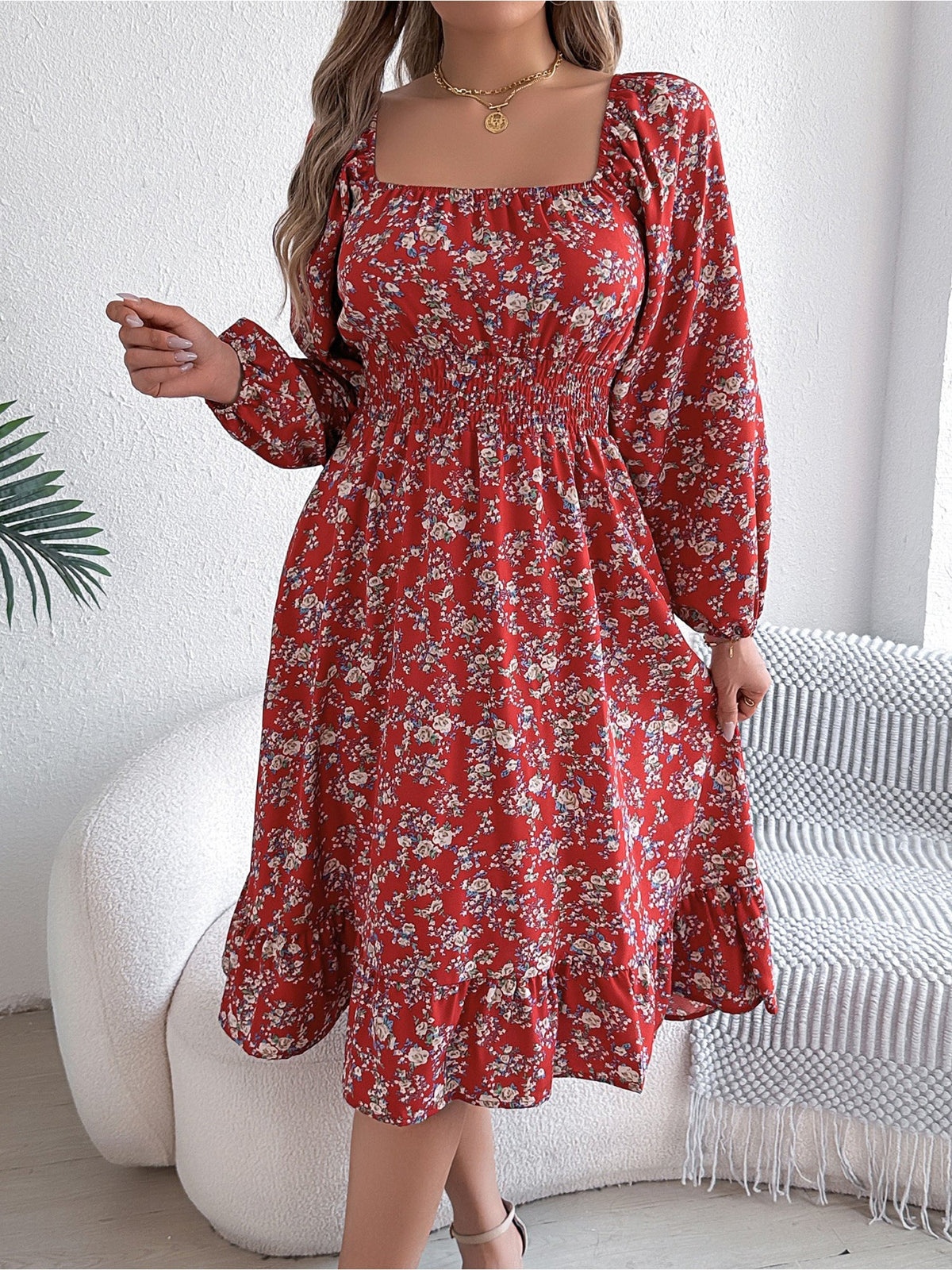 Floral Square Neck Long Sleeve Smocked A-Line Dress