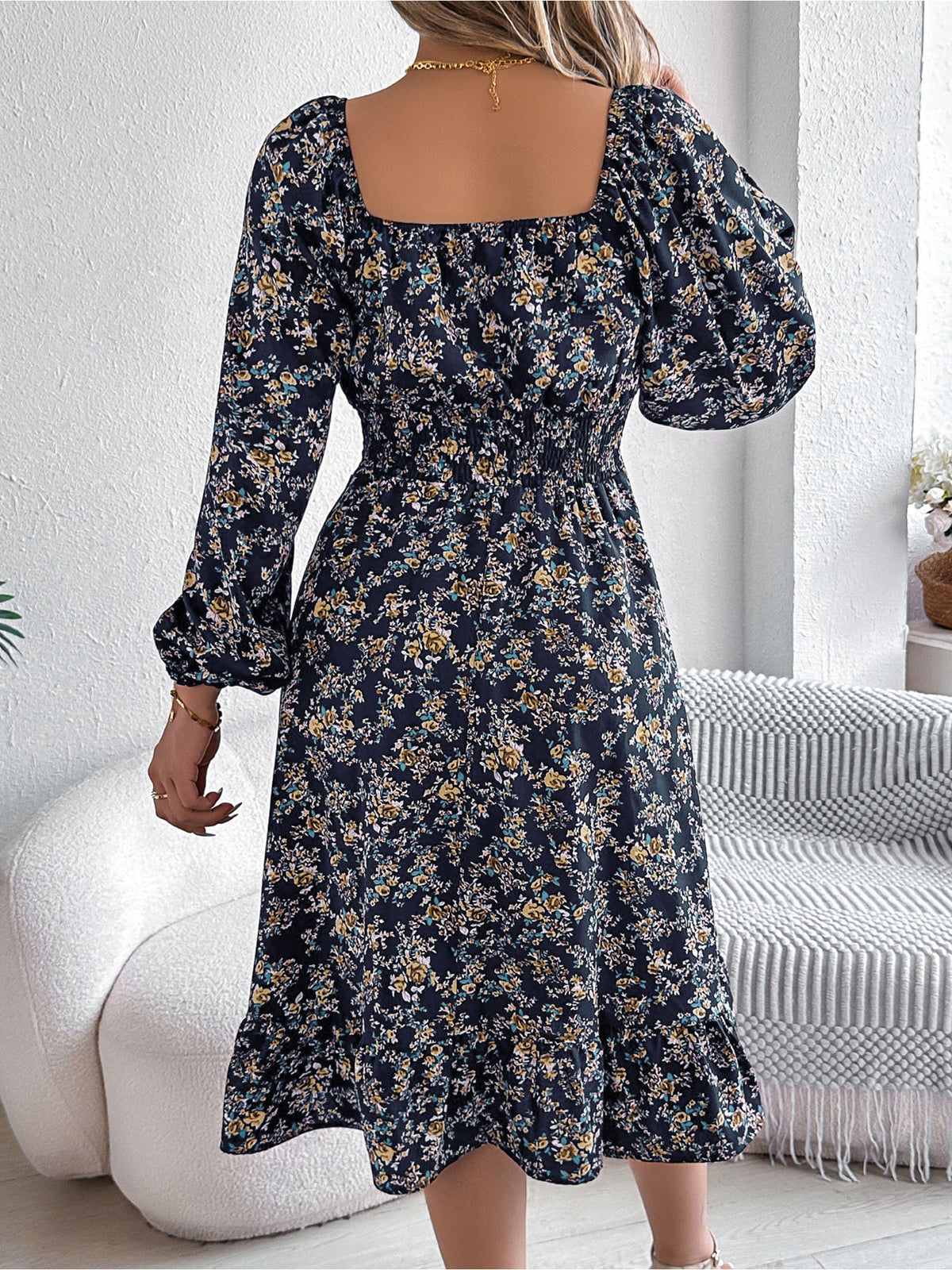 Floral Square Neck Long Sleeve Smocked A-Line Dress