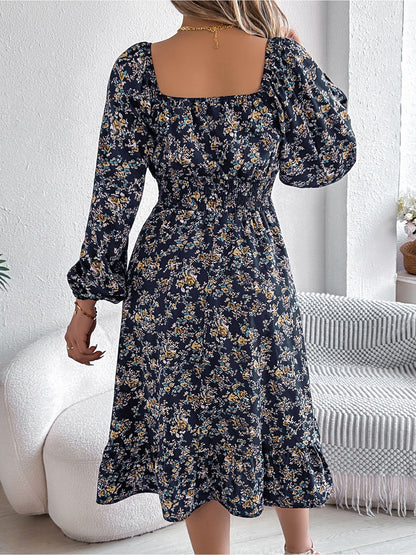 Floral Square Neck Long Sleeve Smocked A-Line Dress