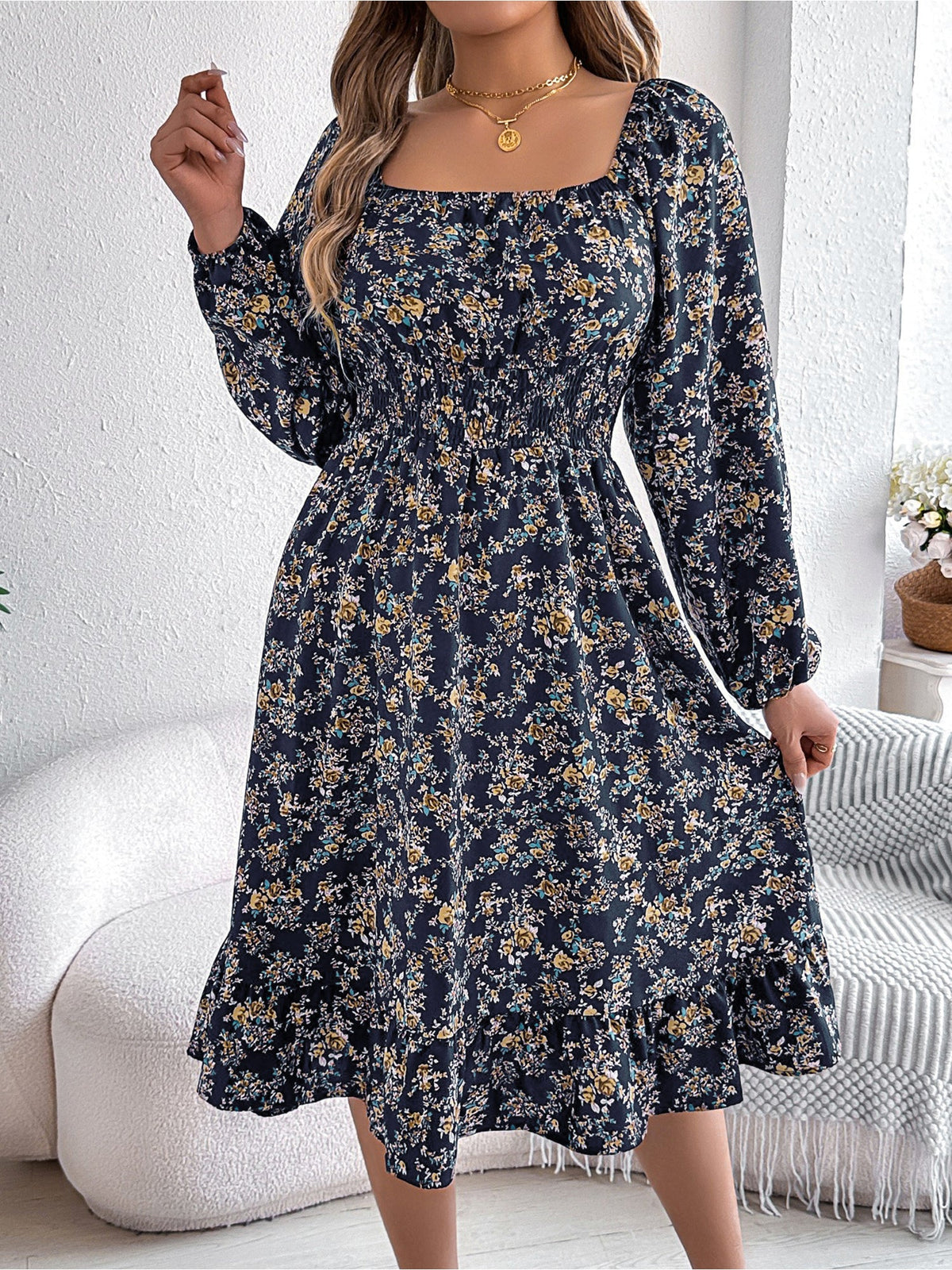 Floral Square Neck Long Sleeve Smocked A-Line Dress