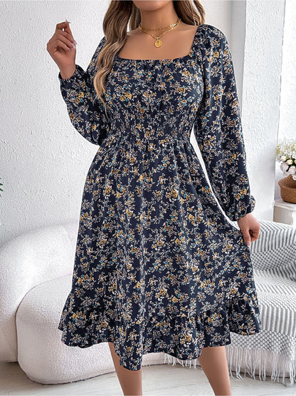 Floral Square Neck Long Sleeve Smocked A-Line Dress