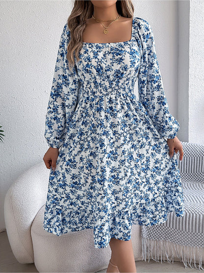 Floral Square Neck Long Sleeve Smocked A-Line Dress