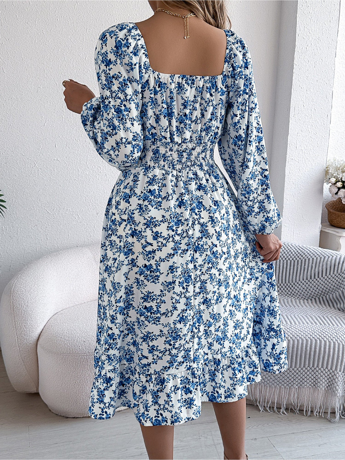 Floral Square Neck Long Sleeve Smocked A-Line Dress