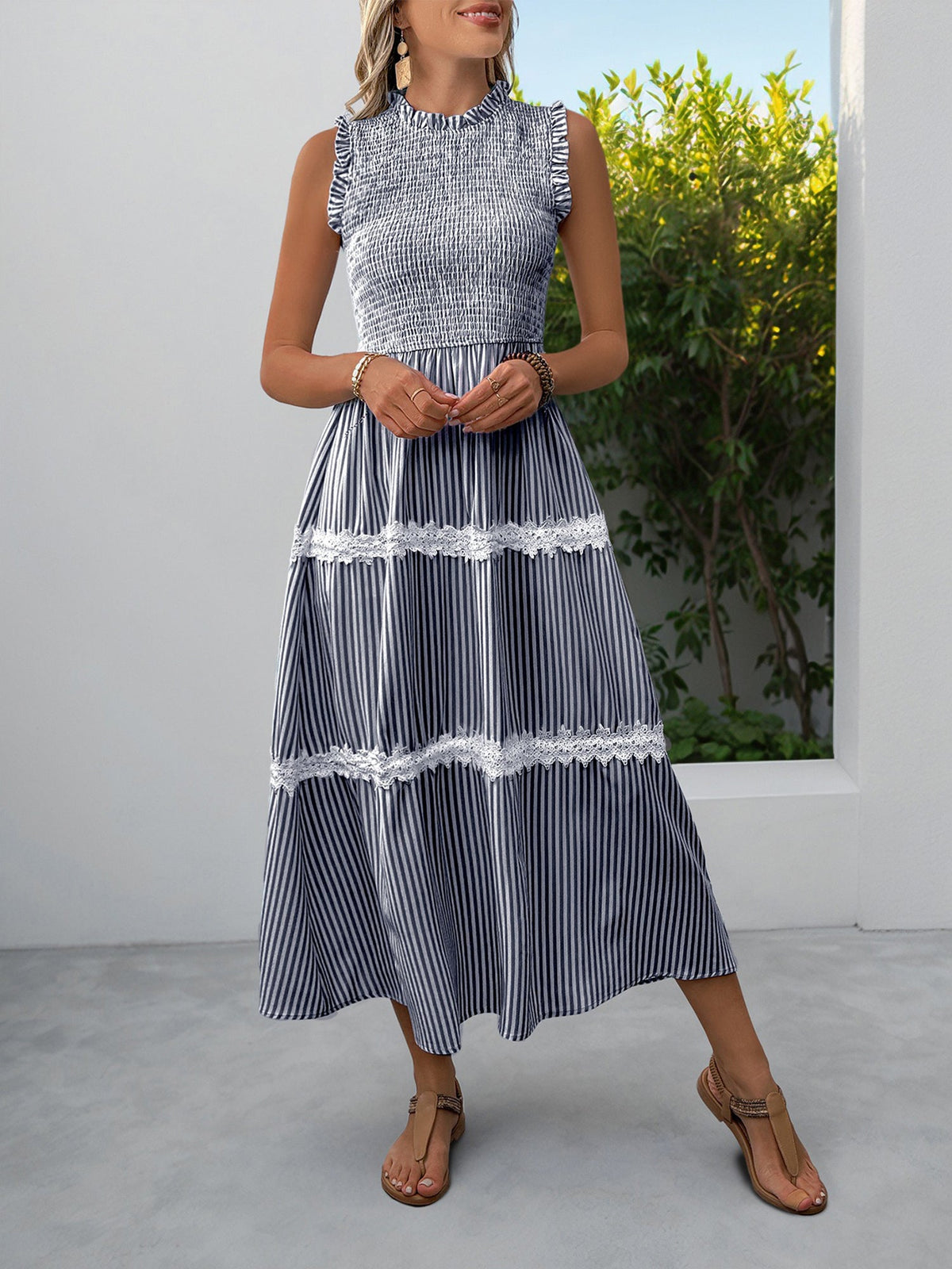 Ruffled Sleeveless Striped Smocked Lace Tiered Dress