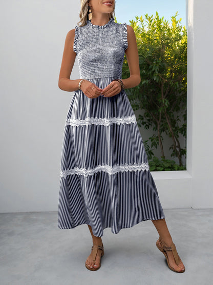 Ruffled Sleeveless Striped Smocked Lace Tiered Dress