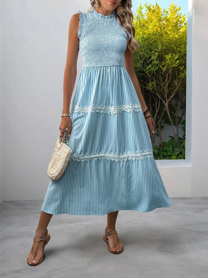 Ruffled Sleeveless Striped Smocked Lace Tiered Dress
