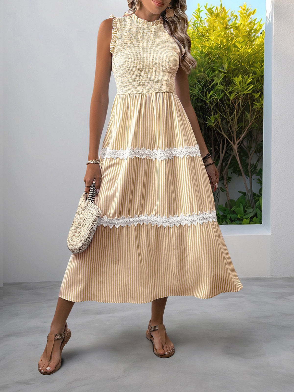 Ruffled Sleeveless Striped Smocked Lace Tiered Dress