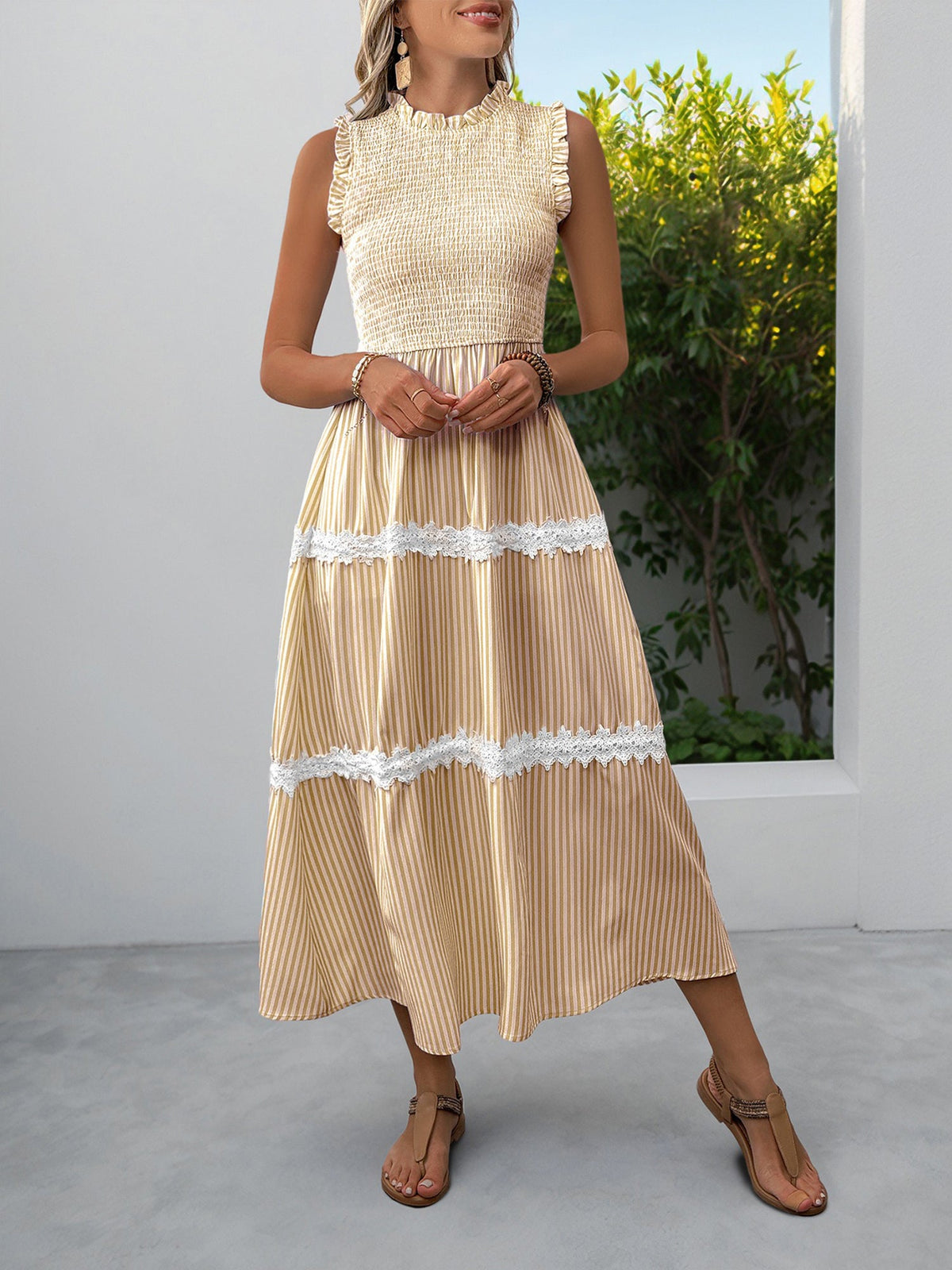 Ruffled Sleeveless Striped Smocked Lace Tiered Dress