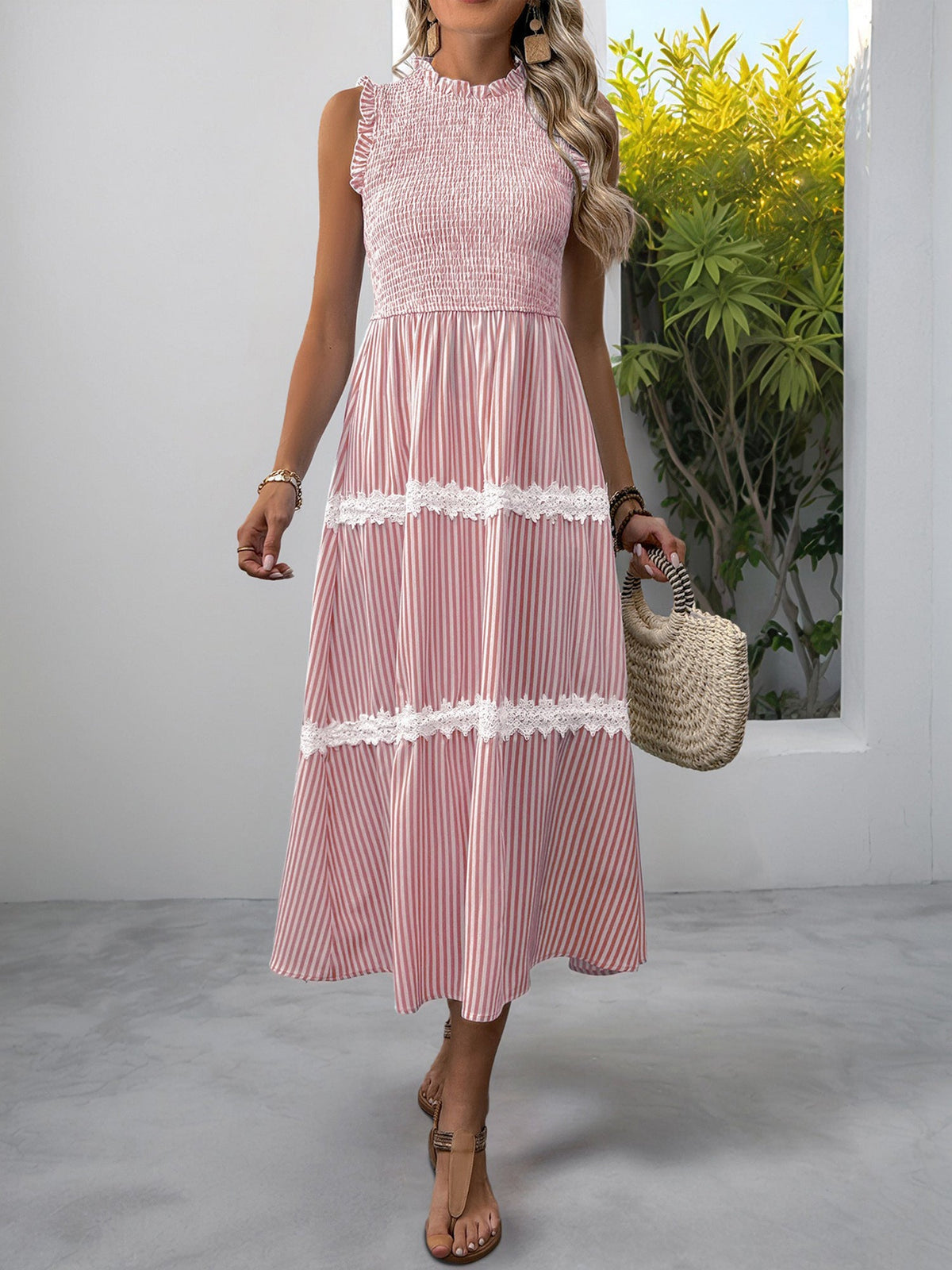 Ruffled Sleeveless Striped Smocked Lace Tiered Dress