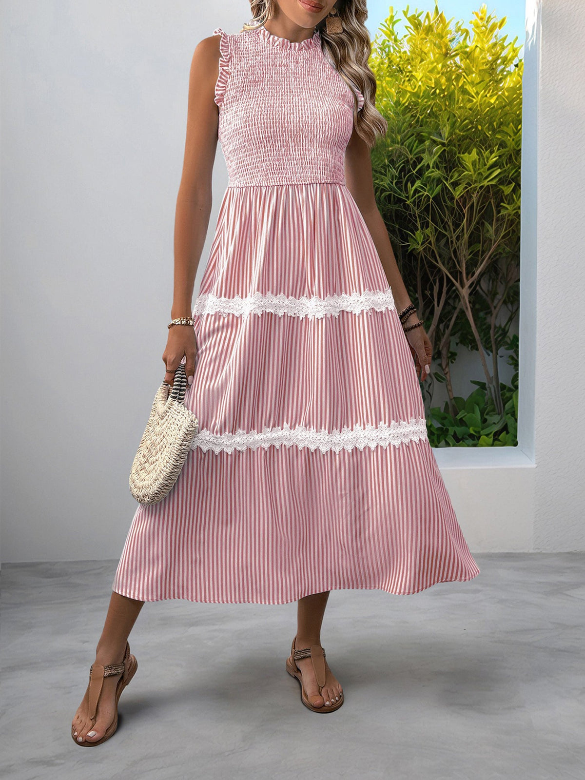 Ruffled Sleeveless Striped Smocked Lace Tiered Dress