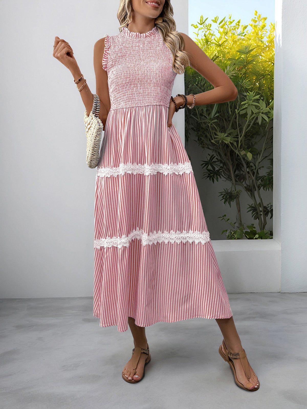 Ruffled Sleeveless Striped Smocked Lace Tiered Dress