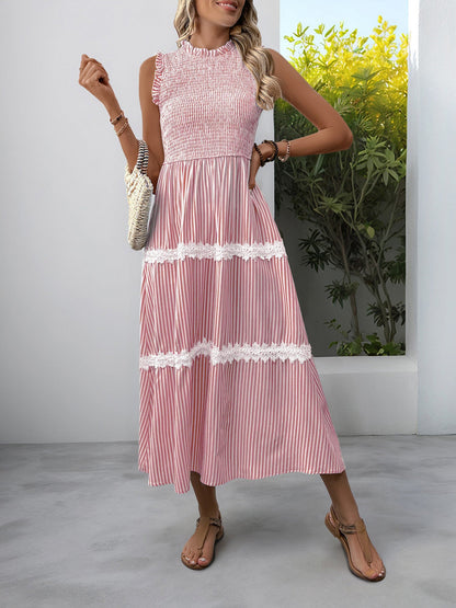 Ruffled Sleeveless Striped Smocked Lace Tiered Dress